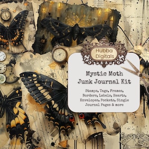 Kit de journal indésirable papillon de nuit mystique, kit de journal indésirable papillon papillon noir fantaisie, kit digi Halloween, feuille de collage papier numérique gothique imprimable