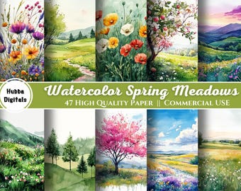 水彩画風春の草原のクリップアート、春の野花畑の風景を水彩画風に描いた画像、商用利用可能な即時ダウンロード