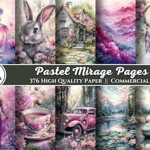 Pages pastel Mirage pour scrapbooking et Junk Journal, papier numérique, violet et lilas, romantique, éthéré, animaux et humains, art imprimable