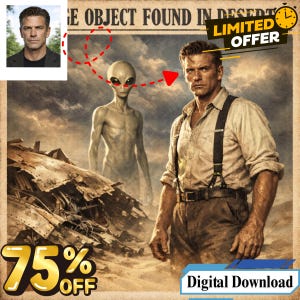 May include: Digital art print featuring a man in a button-down shirt and suspenders, standing in a desert landscape with an alien. The headline reads "OBJECT FOUND IN DESERT". A "LIMITED OFFER" and "75% OFF" are also displayed.