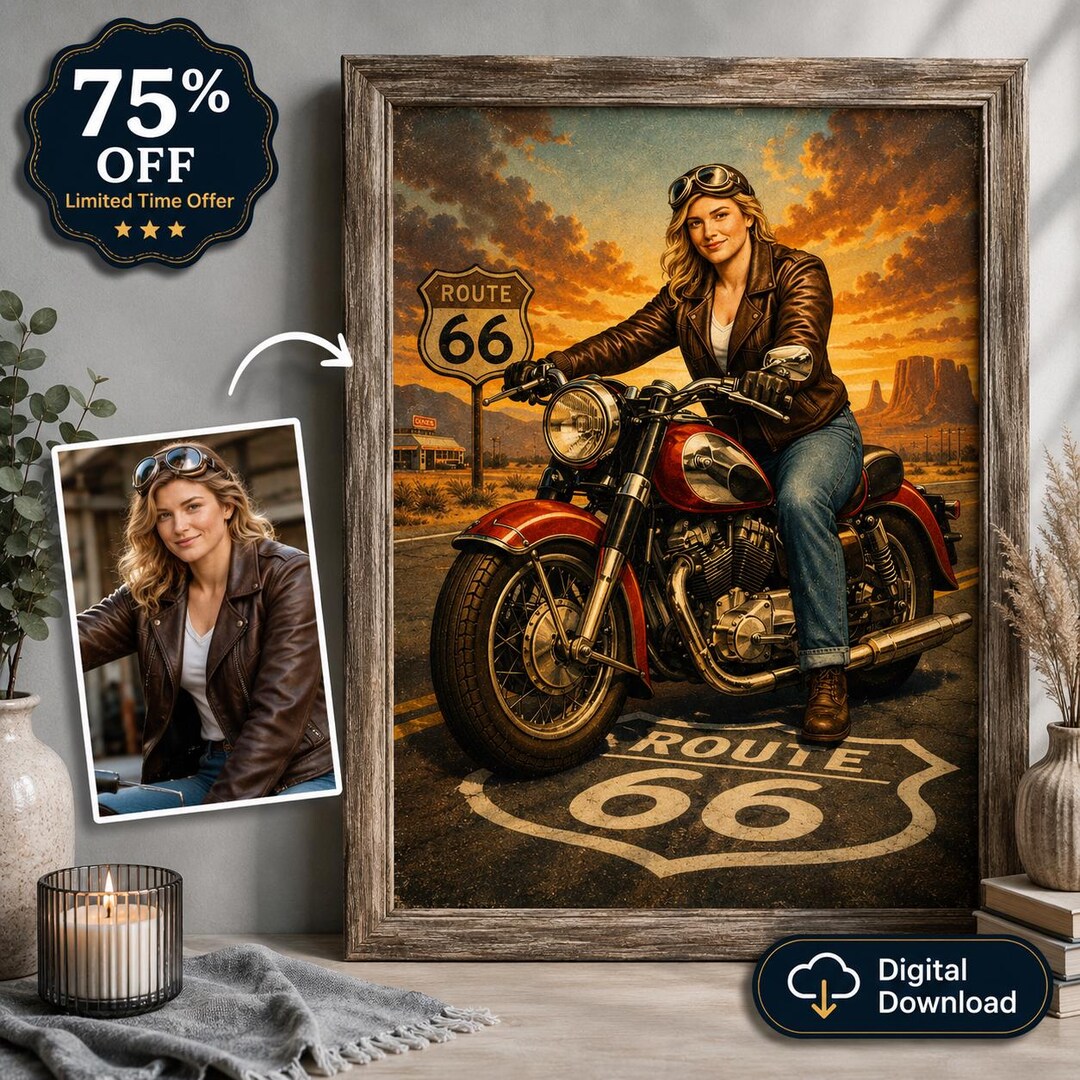 Custom Route 66 Motorcycle Portrait | Vintage Retro Biker Girl Poster ...