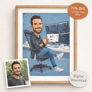 May include: A framed digital illustration of a man giving a thumbs-up while seated at a desk with multiple computer monitors. The image includes a smaller photo of the man and a circular sticker that says "75% OFF Limited Time Offer".