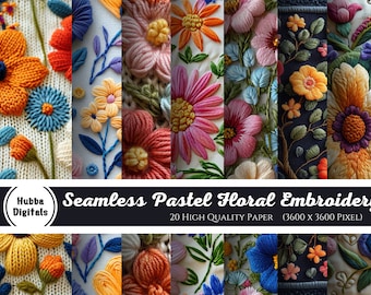 Seamless Pastel Floral Embroidery| Whimsical Seamless Patterns | Embroidered Floral Digital Paper| Faux Fabric | Scrapbooking | Crafts | Diy