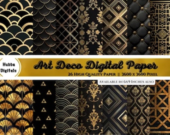 Carta digitale Art Deco, 26 modelli art deco retrò senza soluzione di continuità in download istantaneo nero e oro per uso commerciale