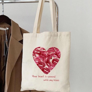 Your Heart Is Covered With My Kisses Tote, Valentines Day Heart Kisses Bag, Cute Lipstick Kiss, Gift for Her, Heart Shaped Lips Tote
