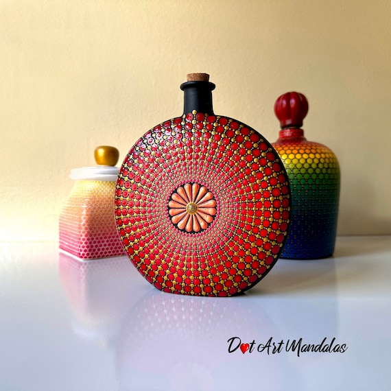 Hand-Painted Mandala Art Bottle with Daisy Design - Red and Orange Dot Art Decor
