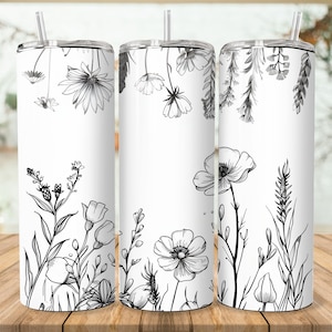Black and White Wild Flower Tumbler Wrap ,Seamless Sublimation Design 20oz Skinny Tumbler Straight PNG File Digital Download.
