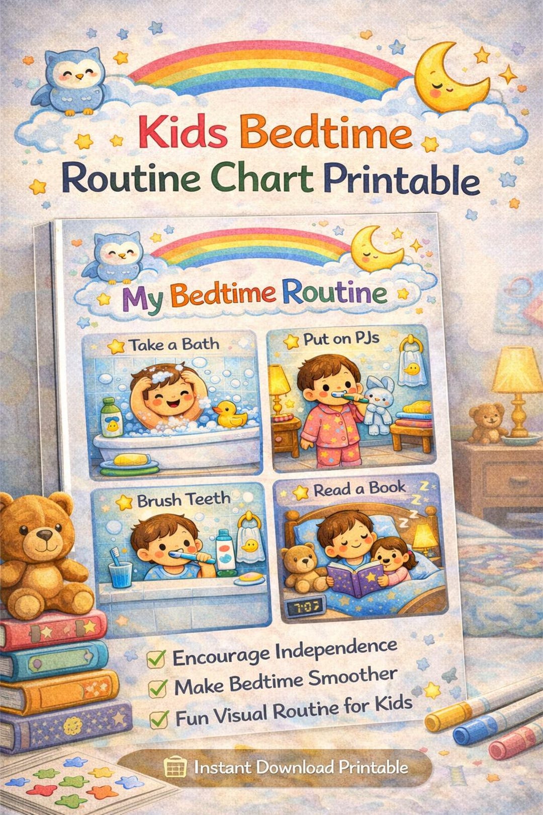 Kids Bedtime Routine Chart | Visual Sleep Schedule for Toddlers ...