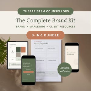May include: A digital brand kit for therapists and counsellors featuring a 3-in-1 bundle of marketing and client resources. The display includes a tablet, two smartphones, and a document page, all editable in Canva with text.