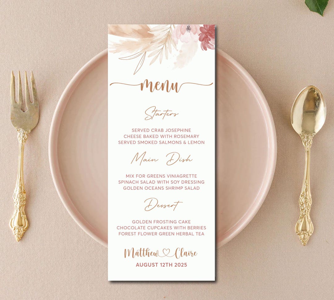 Boho Blush Wedding Menu Template Bohemian Menu Printable Pampas Grass ...