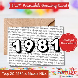 May include: Printable 5"x7" greeting card featuring a list of the top 20 music hits from 1981. The design includes the year "1981" in large, bold numbers, with a red "Instant Download" badge.