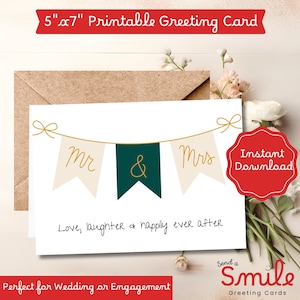 Tarjeta de boda imprimible / Tarjeta de Sr. y Sra. / Tarjeta de compromiso / Amor, risas y felices para siempre / Tarjeta romántica de felicitación de boda