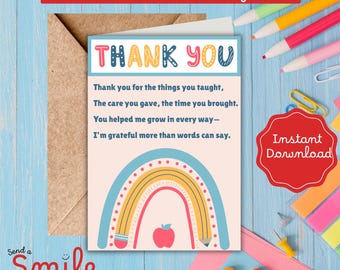 Teacher Thank You Card: Pencil Rainbow Printable (Digital Download)