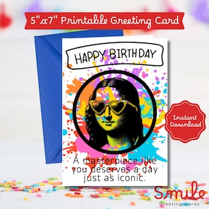 Biglietto di auguri di compleanno stampabile divertente - Biglietto con meme artistico della Gioconda - Biglietto di auguri di compleanno iconico per un amico, compleanno moderno e divertente, biglietto di auguri per gli amanti dell'arte