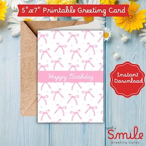 Pink Bow Birthday Card • Printable Happy Birthday Card • Trendy Aesthetic Digital Download • Girly Cute Birthday Stationery PDF