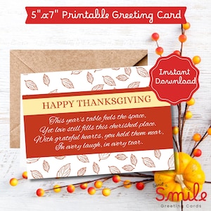 May include: A 5"x7" printable Thanksgiving greeting card with a white background and leaf pattern. The card features the text "HAPPY THANKSGIVING" and a heartfelt message. A red badge reads "Instant Download".