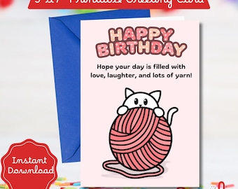 Cat Birthday Card: Yarn Theme for Knitters (Digital Download)