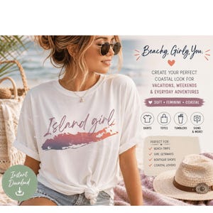 Peut inclure: T-shirt blanc avec l'inscription "Island girl" dans un dégradé de violet, orange et rouge. L'image promeut un look côtier pour les vacances et les aventures quotidiennes. Le design est doux et féminin.