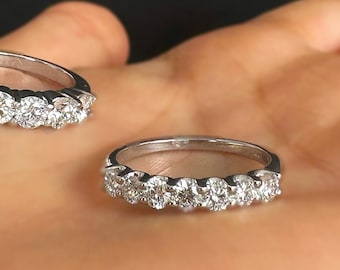 14k Gold 7 Stone Ring, Round Cut Diamond Wedding Ring, Diamond Wedding Band, Bridal Ring, Anniversary Promise Ring, Eternity Diamond Ring