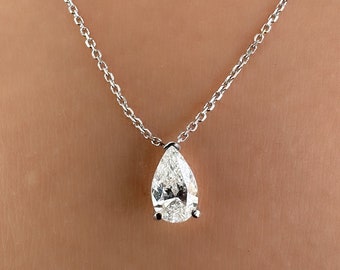 Teardrop Diamond Necklace, 14K Solid Gold Pear Diamond Necklace/Pendant, Diamond Wedding Necklace Women Jewelry, Lab Grown Diamond Necklace
