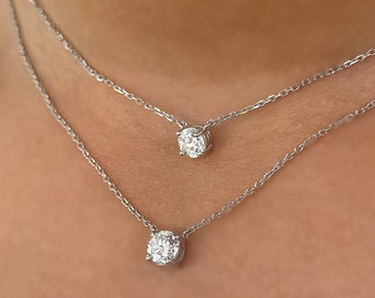 Collar de diamantes engastados en garras en oro de 14 quilates, collar de diamantes cultivados en laboratorio en oro de 14 quilates, collar de diamantes redondos, collar de diamantes solitarios, diamante adjunto
