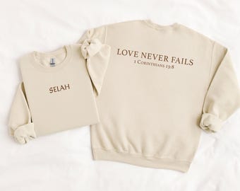 Love Never Fails Christian Hoodie for Women – Faith Sweatshirt, Valentine Christian Gift