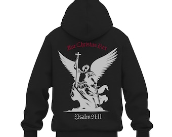 May include: Black hooded sweatshirt featuring a white graphic of an angel with outstretched wings, holding a cross and sword. The text "Ave Christus Rex" is above the angel, and "Psalm 91:11" is below.