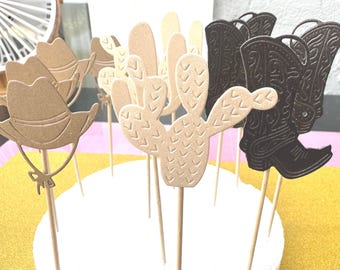 Cowboy Cupcake Topper Set: Stiefel, Hüte, Kaktus (12)