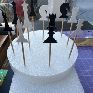May include: A white styrofoam cake base with black and white chess pieces on wooden skewers. The pieces are arranged in a circle on the base.