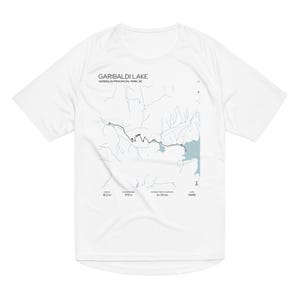 May include: White t-shirt featuring a map of Garibaldi Lake in Garibaldi Provincial Park, BC. The map includes the trail route, lake outline, and text indicating the trail's length, elevation, and difficulty level.