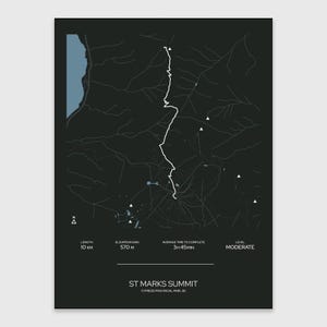 Puede incluir: Un mapa en blanco y negro de una ruta de senderismo en el Parque Provincial Cypress, BC. La ruta se llama "St. Marks Summit" y tiene 10 km de longitud con una ganancia de altitud de 570 metros. El tiempo promedio para completar la ruta es de 3 horas y 45 minutos. La ruta está clasificada como de dificultad moderada.