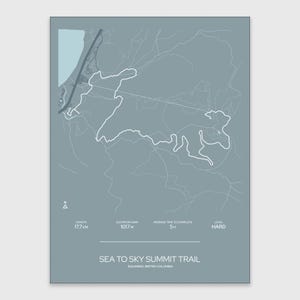 May include: A minimalist map print of the Sea to Sky Summit Trail in Squamish, British Columbia. The trail is depicted in white lines against a muted teal background. The print includes trail length (17.7 km), elevation gain (1017 m), and average completion time (5 hours).