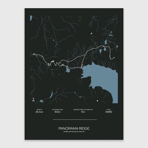 May include: A black and white illustration of a hiking trail map with a blue lake. The trail is called Panorama Ridge in Garibaldi Provincial Park, BC. The trail is 28.3 miles long, has an elevation gain of 5,289 feet, and takes an average of 10 hours to complete. The trail is rated as hard.