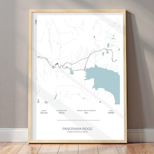 May include: A black and white map of the Panorama Ridge trail in Garibaldi Provincial Park, BC. The map shows the trail length of 28.3 km, elevation gain of 1612 m, average time to complete of 10 hours, and difficulty level of hard.