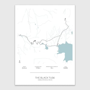 May include: A minimalist print featuring a black line map of The Black Tusk trail in Garibaldi Provincial Park, BC. The map includes the trail's 26.4 km length, 1758 m elevation gain, and a 10-hour average completion time. The difficulty level is marked as "HARD".