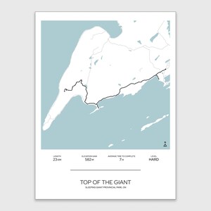 Puede incluir: Un estampado minimalista con un mapa del sendero Top of the Giant en el Parque Provincial Sleeping Giant, Ontario. El mapa es en blanco y negro, sobre un fondo azul claro. El estampado incluye la longitud del sendero (23 km), la ganancia de elevación (582 m), el tiempo promedio (7 h) y el nivel de dificultad (Difícil).