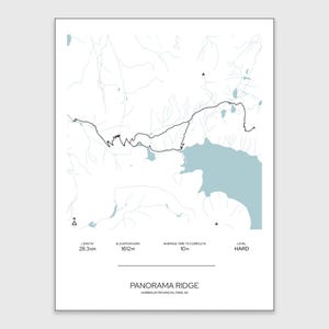 May include: A black and white map of the Panorama Ridge trail in Garibaldi Provincial Park, BC. The map shows the trail's length, elevation gain, average time to complete, and difficulty level. The trail is 28.3 km long, has an elevation gain of 1612 meters, takes an average of 10 hours to complete, and is considered hard.