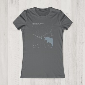 May include: A dark gray t-shirt with a white graphic of a map of the Panorama Ridge trail in British Columbia, Canada. The text "Panorama Ridge" is printed above the map.