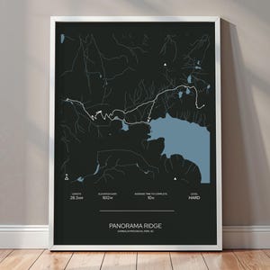 May include: A black and white map of the Panorama Ridge trail in Garibaldi Provincial Park, BC. The map shows the trail's length, elevation gain, average time to complete, and difficulty level. The trail is 28.3 km long, has an elevation gain of 1612 m, takes an average of 10 hours to complete, and is considered hard.