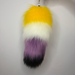Può includere: Un accessorio a forma di coda in pelliccia sintetica morbida con un design a blocchi di colore orizzontali. Il materiale soffice a pelo lungo sfuma da un giallo vivace in alto, seguito da una fascia bianca, una sezione viola e una punta nera.