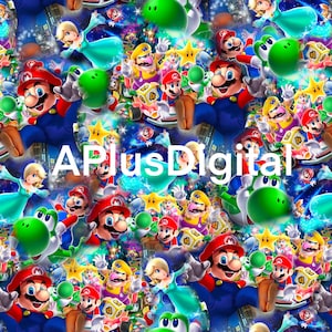 May include: A vibrant, digitally printed fabric featuring a repeating pattern of Mario characters, Yoshi, and other elements from the Super Mario video game series. The design includes the text "APlusDigital" in white. The background is a colorful space-themed design.