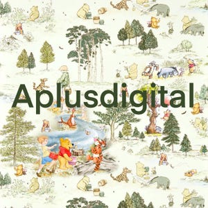 Könnte beinhalten: Ein weißer Hintergrund mit einem sich wiederholenden Muster von Winnie Puuh-Charakteren, darunter Winnie Puuh, Ferkel, Tiger, Esel und Kanga. Die Figuren sind von Bäumen und Blumen umgeben. Der Text "Aplusdigital" ist in grünen Buchstaben in der Mitte des Bildes gedruckt.