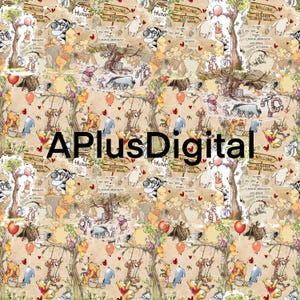 May include: A repeating pattern featuring Winnie the Pooh and his friends from the Hundred Acre Wood. The pattern includes Winnie the Pooh, Piglet, Tigger, Eeyore, and Rabbit. The background is a light brown with red hearts and a light blue sky. The text "Welcome to the Hundred Acre Wood" is repeated throughout the pattern.