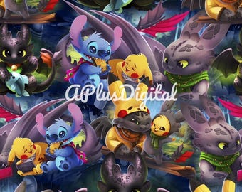 Toothless and stitch 626 dragon seamless pattern jpg file