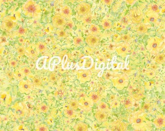 Watercolor flowers floral yellow seamless pattern jpg file