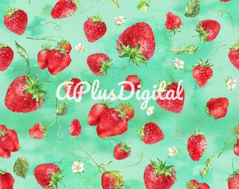 Watercolor Strawberries on green seamless pattern jpg file