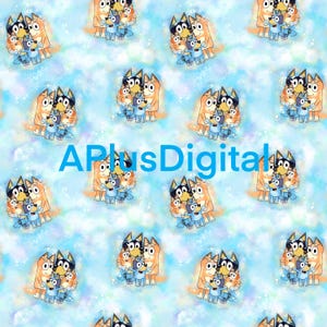 May include: A repeating pattern featuring cartoon dogs in shades of orange and blue on a light blue background. The text "APlusDigital" is overlaid on the image. The design is suitable for fabric or digital applications.