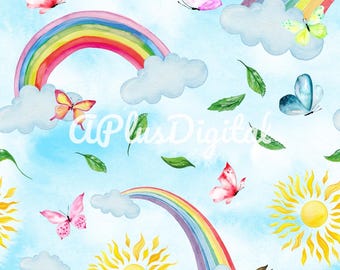 Rainbow butterfly sky seamless pattern jpg file
