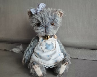 Handgefertigtes Kätzchen, Mohair, handgemachter Teddy, hellblau, Vintage-Teddybär, Minibär, Teddy, Ooak-Bär, Sammlerstück, Unikat