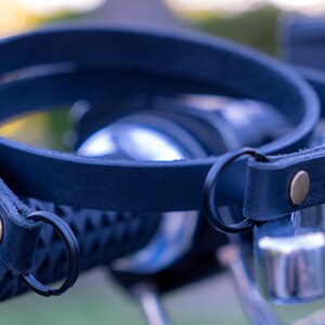 May include: A black leather strap with brass rivets and black metal rings. The strap is looped and appears to be attached to a textured black surface. The background is blurred, suggesting an outdoor setting.